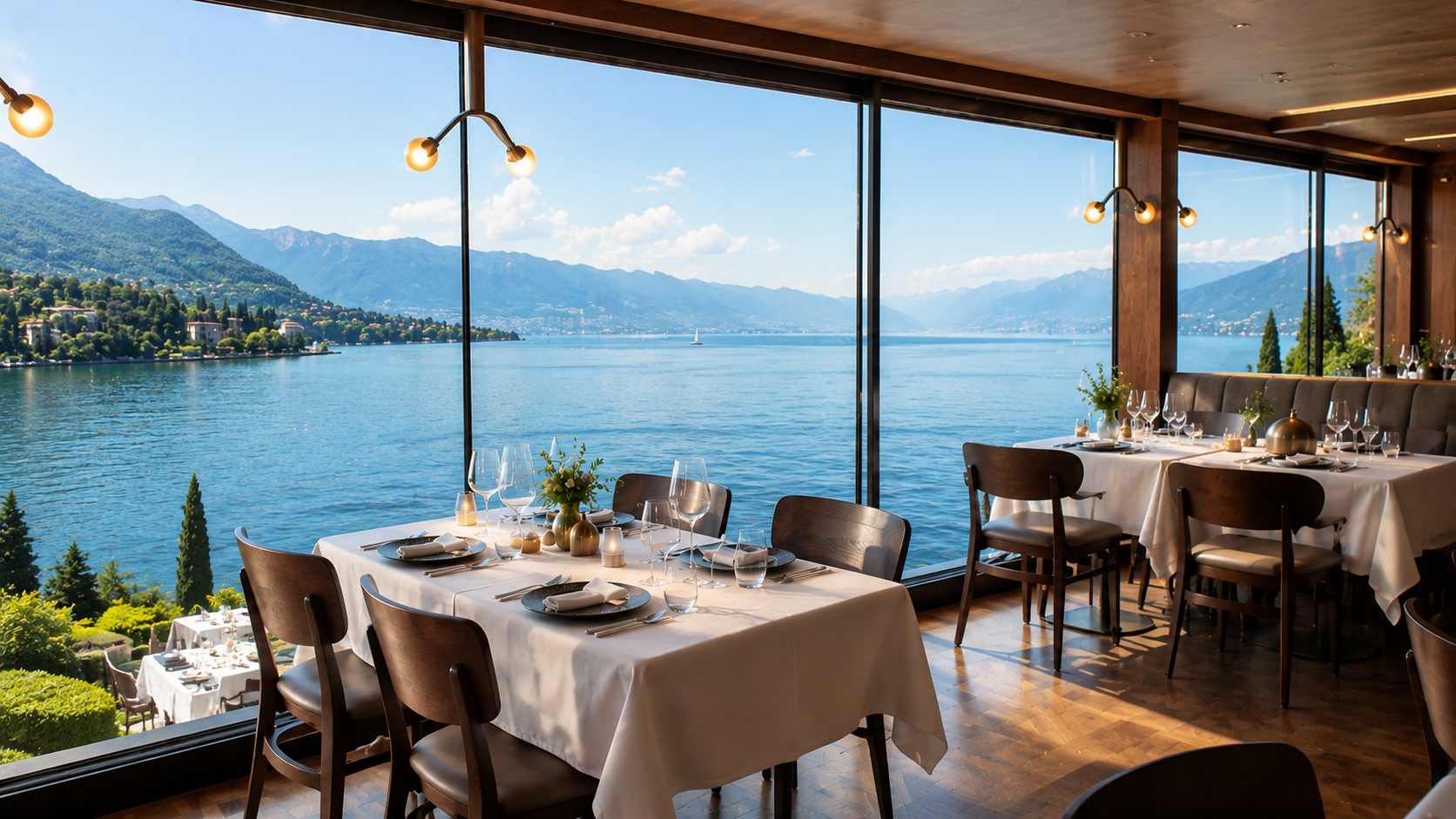 Restaurant gastronomique haut de gamme avec vue lac et montagnes
