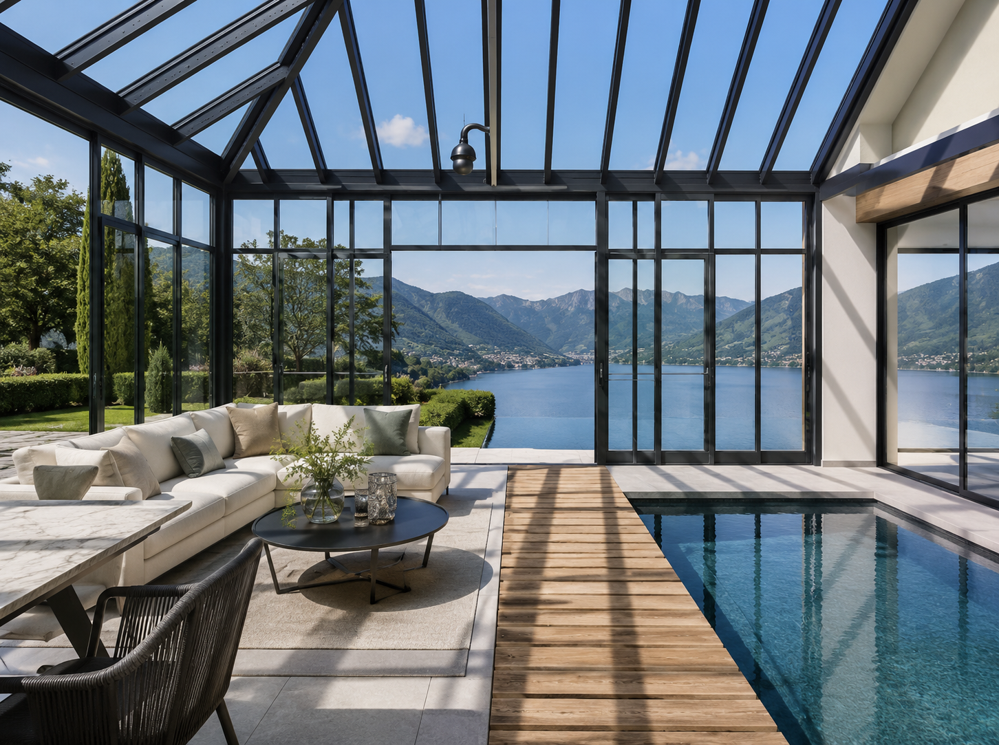 Véranda haut de gamme avec grandes baies vitrées et vue lac